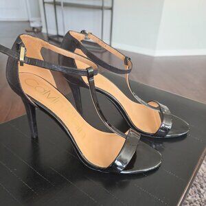 CALVIN KLEIN Women's Black Leather T-Strap Heeled Sandal - Size 10
